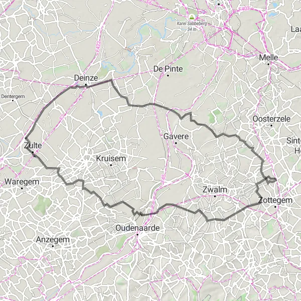 Miniature de la carte de l'inspiration cycliste "Parcours cycliste sur route panoramique autour de Grotenberge" dans la Prov. Oost-Vlaanderen, Belgium. Générée par le planificateur d'itinéraire cycliste Tarmacs.app