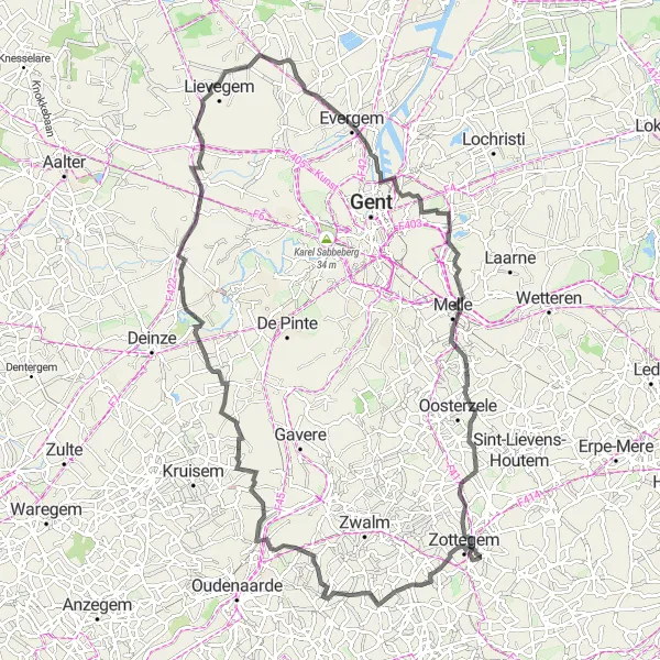 Miniatuurkaart van de fietsinspiratie "Kastelen en natuur rond Grotenberge" in Prov. Oost-Vlaanderen, Belgium. Gemaakt door de Tarmacs.app fietsrouteplanner