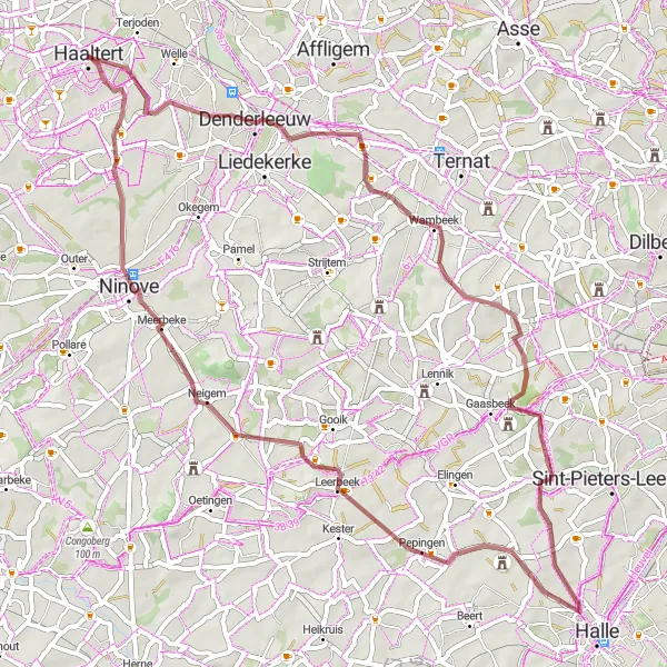 Map miniature of "Gravel Adventure: Denderleeuw Loop" cycling inspiration in Prov. Oost-Vlaanderen, Belgium. Generated by Tarmacs.app cycling route planner