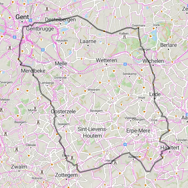 Karten-Miniaturansicht der Radinspiration "Spannende Straßenradtour durch Ressegem und Lede" in Prov. Oost-Vlaanderen, Belgium. Erstellt vom Tarmacs.app-Routenplaner für Radtouren