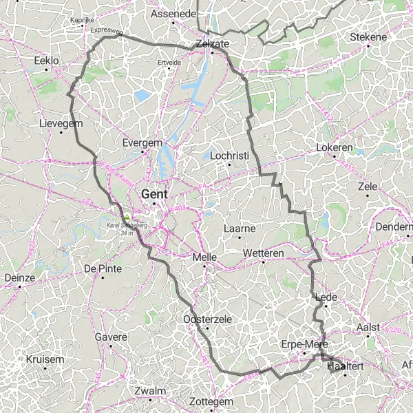 Karten-Miniaturansicht der Radinspiration "Die Länge des Landes auf dem Rennrad" in Prov. Oost-Vlaanderen, Belgium. Erstellt vom Tarmacs.app-Routenplaner für Radtouren