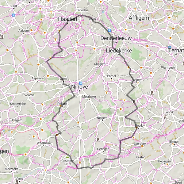 Miniatuurkaart van de fietsinspiratie "Wegroute naar Rokkenborch en Congoberg" in Prov. Oost-Vlaanderen, Belgium. Gemaakt door de Tarmacs.app fietsrouteplanner