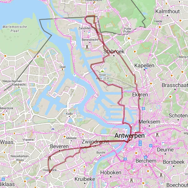 Karten-Miniaturansicht der Radinspiration "Graveltour nach Antwerpen" in Prov. Oost-Vlaanderen, Belgium. Erstellt vom Tarmacs.app-Routenplaner für Radtouren