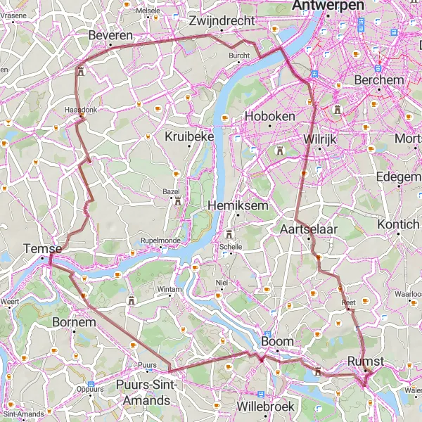 Map miniature of "The Hidden Gravel Gems" cycling inspiration in Prov. Oost-Vlaanderen, Belgium. Generated by Tarmacs.app cycling route planner