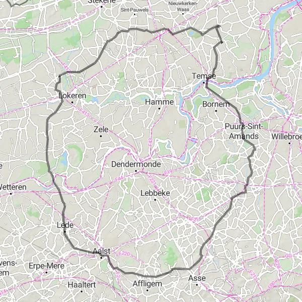 Miniatuurkaart van de fietsinspiratie "Kastelen en kloosters in het landschap" in Prov. Oost-Vlaanderen, Belgium. Gemaakt door de Tarmacs.app fietsrouteplanner