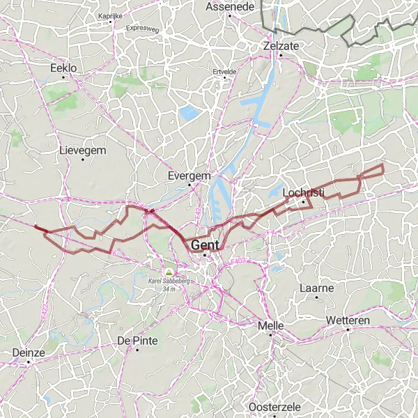 Map miniature of "Exploring Mariakerke, Zeveneken, Dulle Griet, and Hansbeke" cycling inspiration in Prov. Oost-Vlaanderen, Belgium. Generated by Tarmacs.app cycling route planner