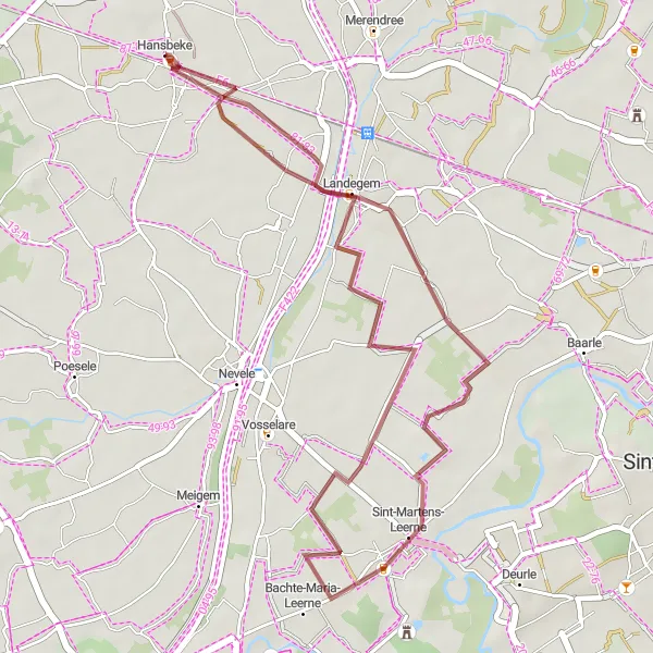 Miniatuurkaart van de fietsinspiratie "Gravelroute Hansbeke - Landegem" in Prov. Oost-Vlaanderen, Belgium. Gemaakt door de Tarmacs.app fietsrouteplanner