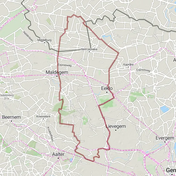 Map miniature of "Bellem, Uitkijkheuvel Maldegemveld, Eeklo, and Hansbeke Gravel Loop" cycling inspiration in Prov. Oost-Vlaanderen, Belgium. Generated by Tarmacs.app cycling route planner