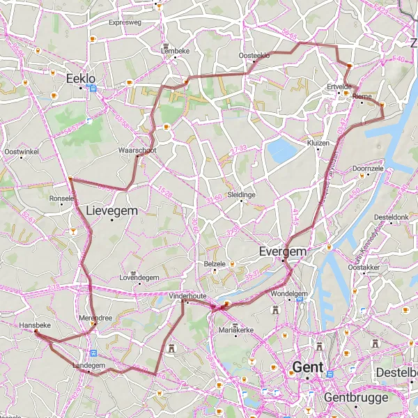 Map miniature of "Scenic Gravel Ride and Historical Landmarks" cycling inspiration in Prov. Oost-Vlaanderen, Belgium. Generated by Tarmacs.app cycling route planner