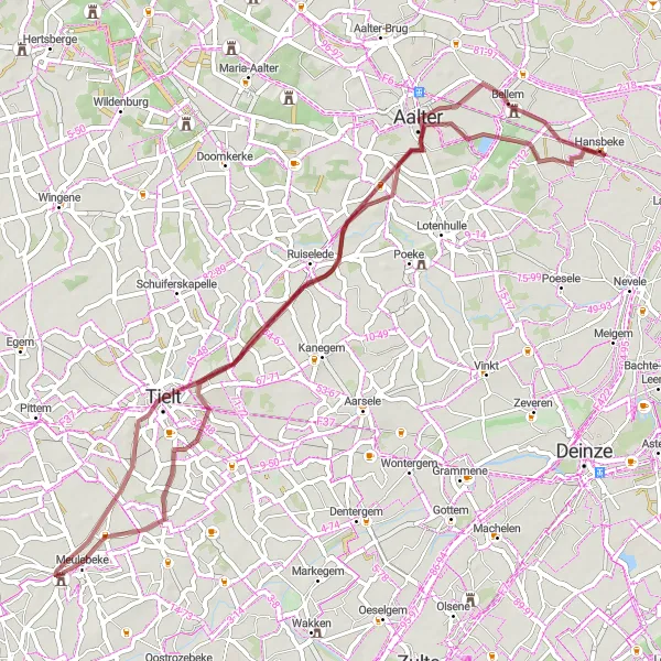 Map miniature of "Aalter, Ruiselede, Tielt, and Hansbeke Gravel Loop" cycling inspiration in Prov. Oost-Vlaanderen, Belgium. Generated by Tarmacs.app cycling route planner