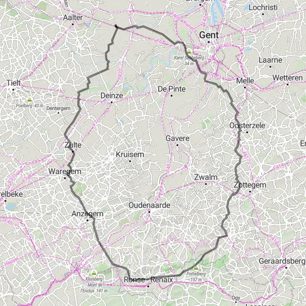 Karten-Miniaturansicht der Radinspiration "Herausfordernde Straßentour nach Kluisbergen" in Prov. Oost-Vlaanderen, Belgium. Erstellt vom Tarmacs.app-Routenplaner für Radtouren