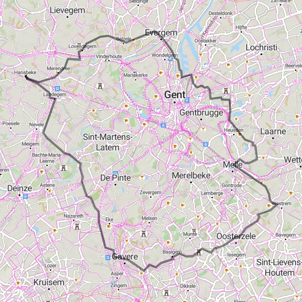 Karten-Miniaturansicht der Radinspiration "Straßenabenteuer nach Melle" in Prov. Oost-Vlaanderen, Belgium. Erstellt vom Tarmacs.app-Routenplaner für Radtouren