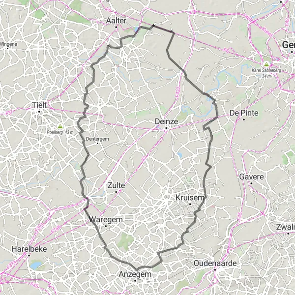 Map miniature of "Sint-Martens-Leerne, Ooike, Ooikeberg, Markegem, Kanegem, and Kasteel Mariahove Road Adventure" cycling inspiration in Prov. Oost-Vlaanderen, Belgium. Generated by Tarmacs.app cycling route planner
