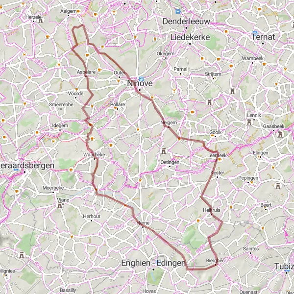 Miniature de la carte de l'inspiration cycliste "Exploration des Chemins de Gravel" dans la Prov. Oost-Vlaanderen, Belgium. Générée par le planificateur d'itinéraire cycliste Tarmacs.app