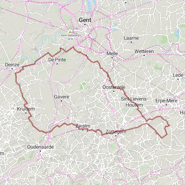 Map miniature of "Gravel Adventure to Zwijnaarde Castle" cycling inspiration in Prov. Oost-Vlaanderen, Belgium. Generated by Tarmacs.app cycling route planner