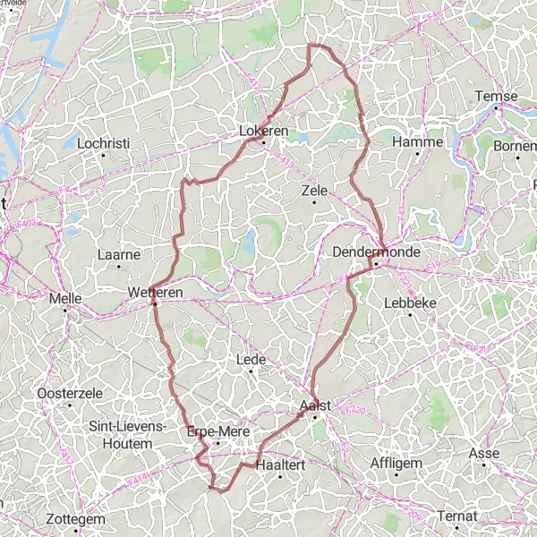Miniatuurkaart van de fietsinspiratie "Gravelroute vanuit Heldergem naar Dendermonde" in Prov. Oost-Vlaanderen, Belgium. Gemaakt door de Tarmacs.app fietsrouteplanner