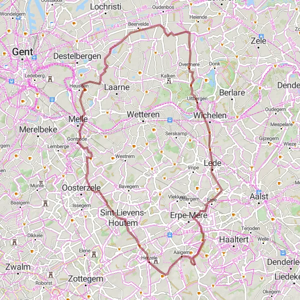 Map miniature of "Leisurely Gravel Ride" cycling inspiration in Prov. Oost-Vlaanderen, Belgium. Generated by Tarmacs.app cycling route planner