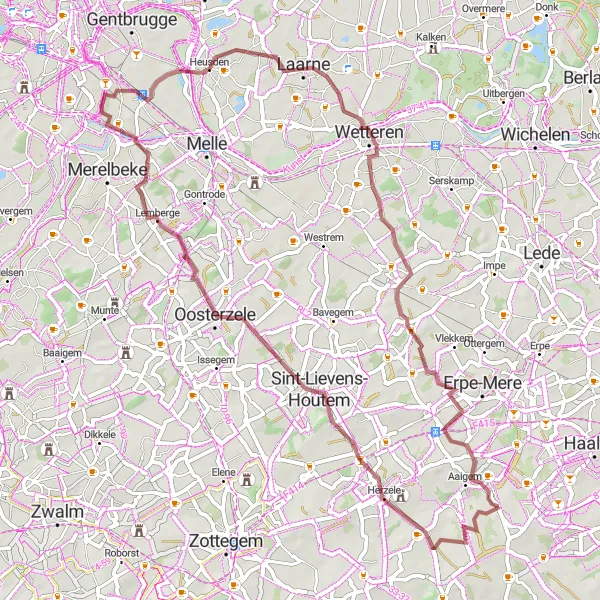 Miniature de la carte de l'inspiration cycliste "La Route des Châteaux et des Collines" dans la Prov. Oost-Vlaanderen, Belgium. Générée par le planificateur d'itinéraire cycliste Tarmacs.app