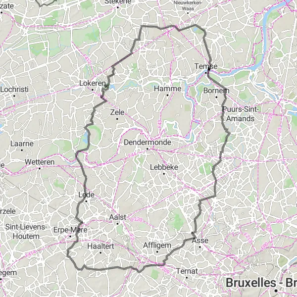 Miniatuurkaart van de fietsinspiratie "Uitdagende Heuvels en Historische Plaatsen" in Prov. Oost-Vlaanderen, Belgium. Gemaakt door de Tarmacs.app fietsrouteplanner