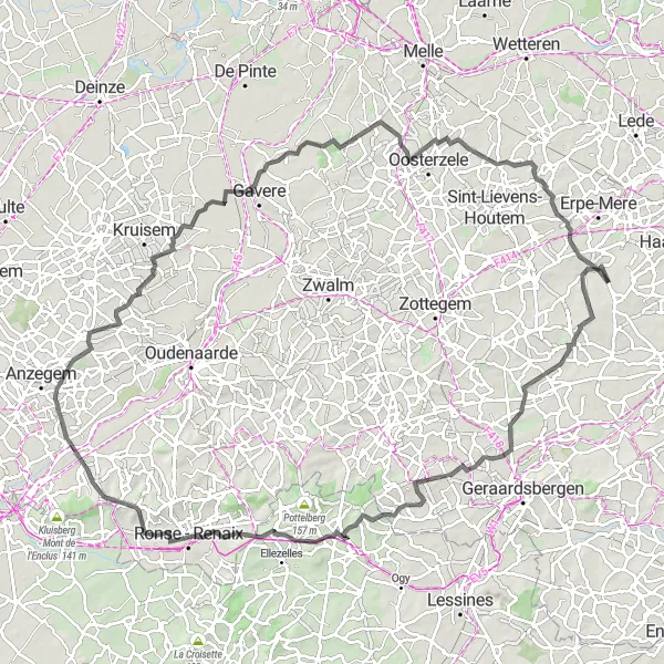 Miniatuurkaart van de fietsinspiratie "Het Heuvelachtige Ronde Vanuit Heldergem" in Prov. Oost-Vlaanderen, Belgium. Gemaakt door de Tarmacs.app fietsrouteplanner