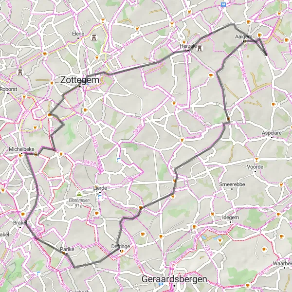 Map miniature of "Road Cycling Loop to Zottegem" cycling inspiration in Prov. Oost-Vlaanderen, Belgium. Generated by Tarmacs.app cycling route planner