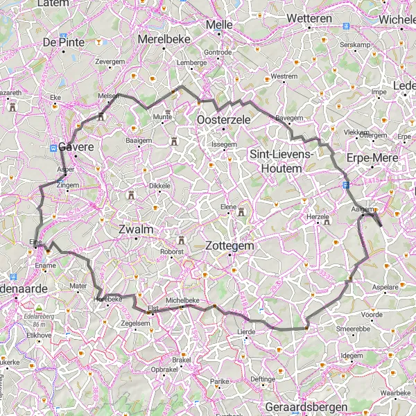 Miniatuurkaart van de fietsinspiratie "Heuvels en Dorpen van Oost-Vlaanderen" in Prov. Oost-Vlaanderen, Belgium. Gemaakt door de Tarmacs.app fietsrouteplanner