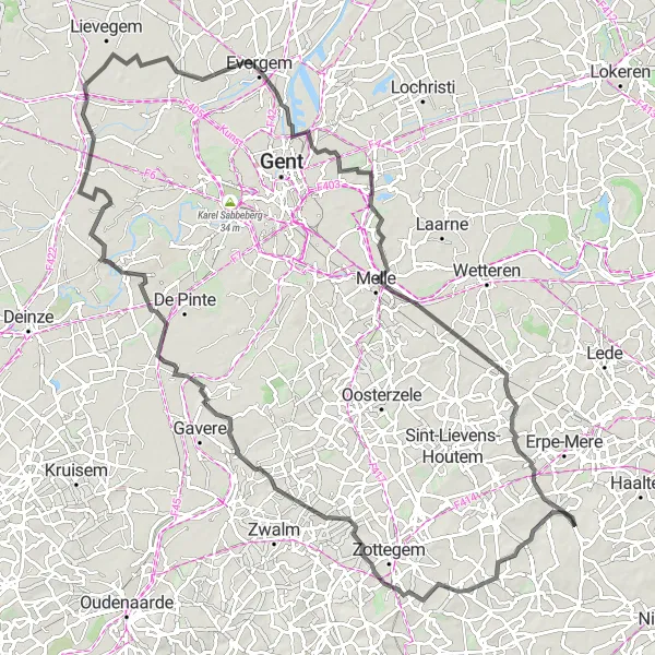 Miniatuurkaart van de fietsinspiratie "Wegroute vanuit Heldergem naar Burst" in Prov. Oost-Vlaanderen, Belgium. Gemaakt door de Tarmacs.app fietsrouteplanner