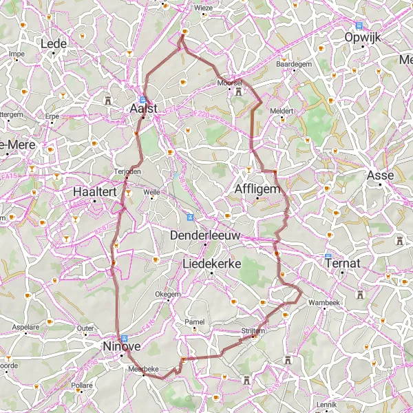 Miniature de la carte de l'inspiration cycliste "Le tour gravel d'Essene à Aalst" dans la Prov. Oost-Vlaanderen, Belgium. Générée par le planificateur d'itinéraire cycliste Tarmacs.app