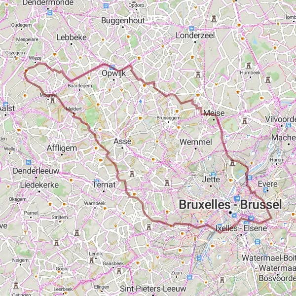 Karten-Miniaturansicht der Radinspiration "Gravelabenteuer in Merchtem und Vilvoorde" in Prov. Oost-Vlaanderen, Belgium. Erstellt vom Tarmacs.app-Routenplaner für Radtouren