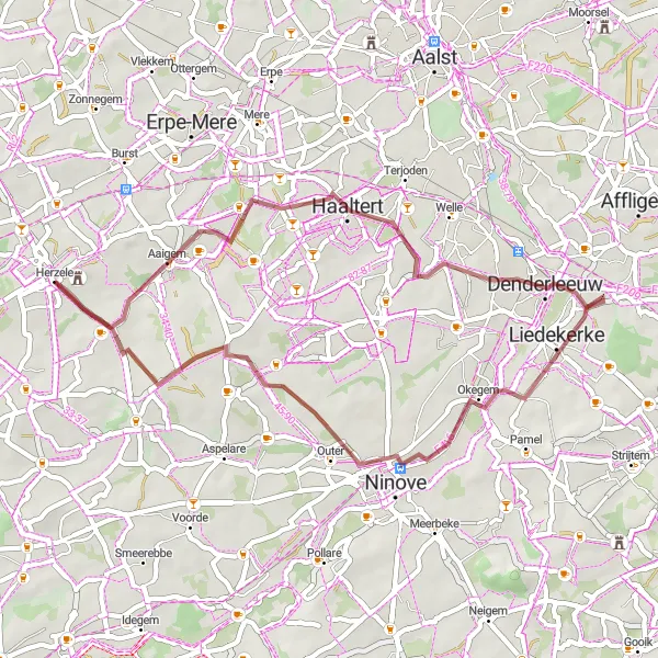 Map miniature of "Herzele to Woubrechtgem Gravel Route" cycling inspiration in Prov. Oost-Vlaanderen, Belgium. Generated by Tarmacs.app cycling route planner