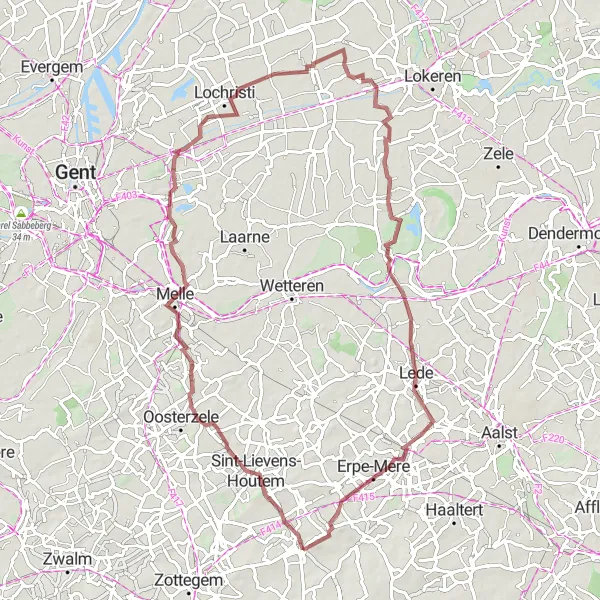 Map miniature of "Exploring Flanders Gravel Ride" cycling inspiration in Prov. Oost-Vlaanderen, Belgium. Generated by Tarmacs.app cycling route planner