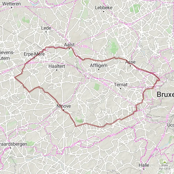 Map miniature of "Herzele to Erembodegem Gravel Route" cycling inspiration in Prov. Oost-Vlaanderen, Belgium. Generated by Tarmacs.app cycling route planner