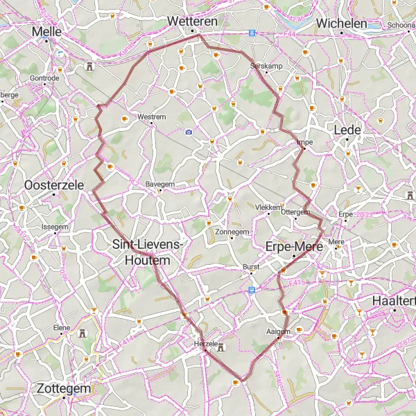 Map miniature of "Herzele to Sint-Lievens-Houtem Gravel Route" cycling inspiration in Prov. Oost-Vlaanderen, Belgium. Generated by Tarmacs.app cycling route planner