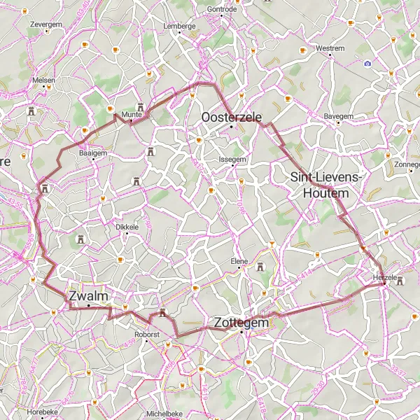 Map miniature of "Zottegem Exploration Gravel Route" cycling inspiration in Prov. Oost-Vlaanderen, Belgium. Generated by Tarmacs.app cycling route planner