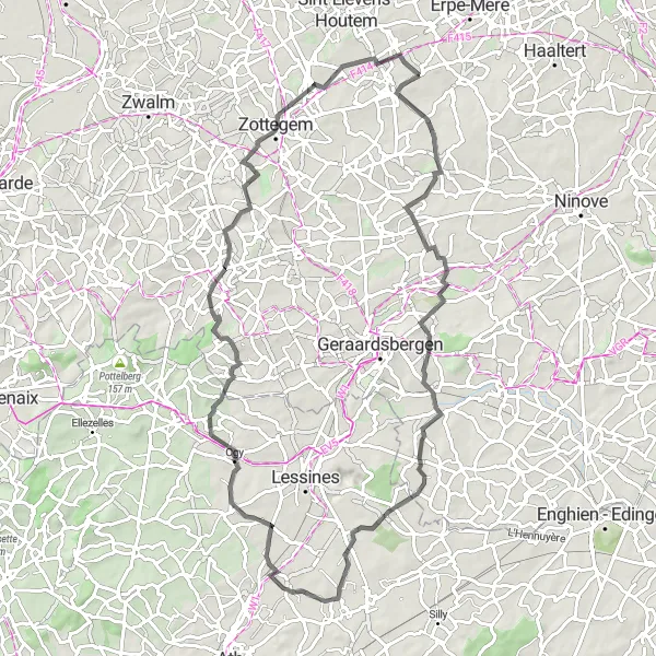 Miniature de la carte de l'inspiration cycliste "Boucle Route à travers Idegem, Kasteel van Blondel de Beauregard, Ogy, Berendries, Kasteel van Egmont et Borsbeke" dans la Prov. Oost-Vlaanderen, Belgium. Générée par le planificateur d'itinéraire cycliste Tarmacs.app