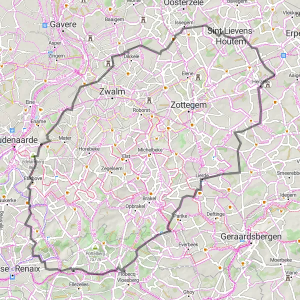 Miniatuurkaart van de fietsinspiratie "Wegrit Herzele - Sint-Lievens-Houtem" in Prov. Oost-Vlaanderen, Belgium. Gemaakt door de Tarmacs.app fietsrouteplanner