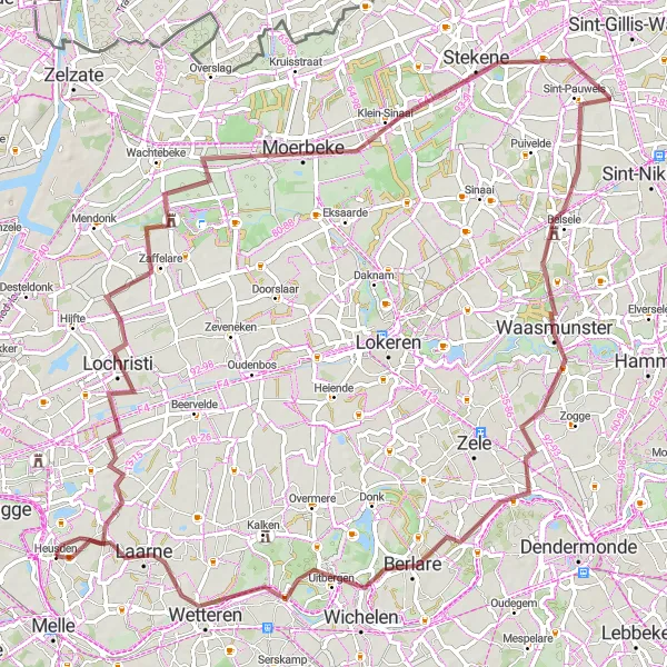 Miniature de la carte de l'inspiration cycliste "La Boucle Nature de Heusden" dans la Prov. Oost-Vlaanderen, Belgium. Générée par le planificateur d'itinéraire cycliste Tarmacs.app