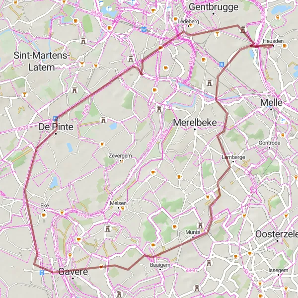 Map miniature of "Scenic Adventure in Bottelare" cycling inspiration in Prov. Oost-Vlaanderen, Belgium. Generated by Tarmacs.app cycling route planner