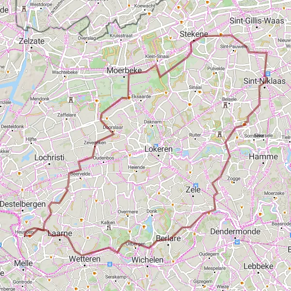 Map miniature of "Heusden to Berlare Gravel Loop" cycling inspiration in Prov. Oost-Vlaanderen, Belgium. Generated by Tarmacs.app cycling route planner