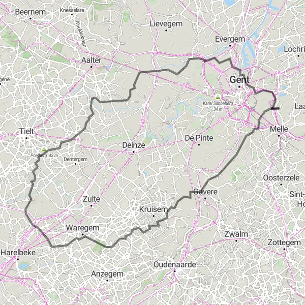 Miniatuurkaart van de fietsinspiratie "Kastelen en Kasseienroute" in Prov. Oost-Vlaanderen, Belgium. Gemaakt door de Tarmacs.app fietsrouteplanner