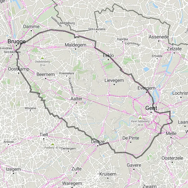 Map miniature of "Picturesque Flanders" cycling inspiration in Prov. Oost-Vlaanderen, Belgium. Generated by Tarmacs.app cycling route planner