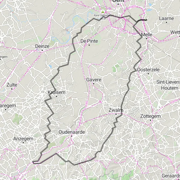 Miniature de la carte de l'inspiration cycliste "Défi des monts et des vallées flamandes" dans la Prov. Oost-Vlaanderen, Belgium. Générée par le planificateur d'itinéraire cycliste Tarmacs.app
