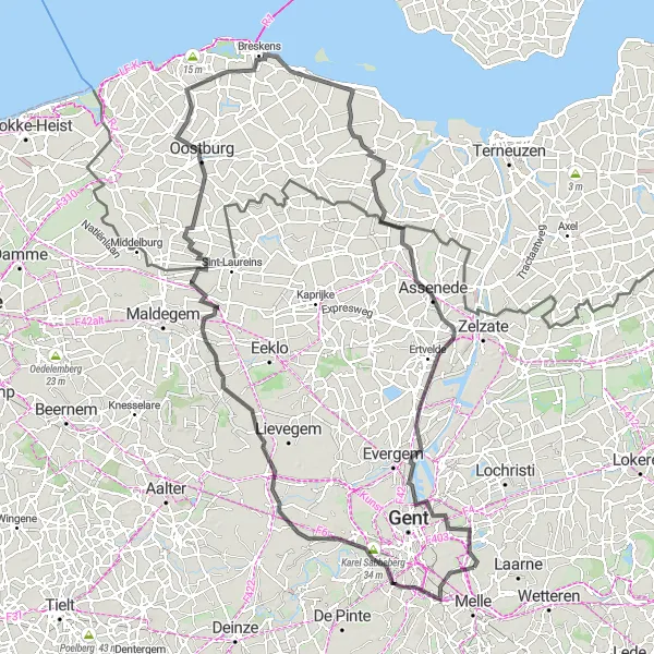 Map miniature of "Karel Sabbeberg, Drongen, Zomergem, Vuilpan, Nieuwvliet, Hoofdplaat, Assenede, Sint-Amandsberg" cycling inspiration in Prov. Oost-Vlaanderen, Belgium. Generated by Tarmacs.app cycling route planner