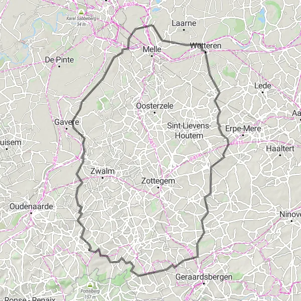 Miniatuurkaart van de fietsinspiratie "Heusden naar Merelbeke Route" in Prov. Oost-Vlaanderen, Belgium. Gemaakt door de Tarmacs.app fietsrouteplanner
