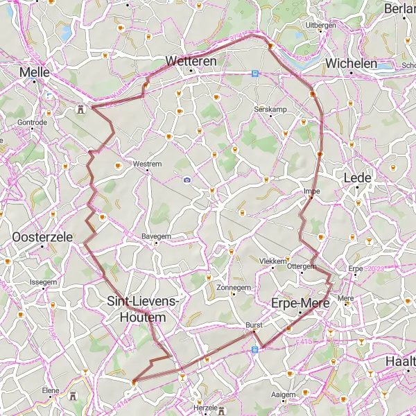 Miniatuurkaart van de fietsinspiratie "Sint-Lievens-Houtem en De Speelbos Gravelroute" in Prov. Oost-Vlaanderen, Belgium. Gemaakt door de Tarmacs.app fietsrouteplanner