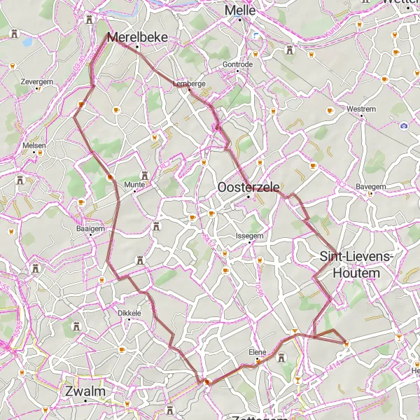 Miniatuurkaart van de fietsinspiratie "Velzeke-Ruddershove en Oombergen Gravelroute" in Prov. Oost-Vlaanderen, Belgium. Gemaakt door de Tarmacs.app fietsrouteplanner