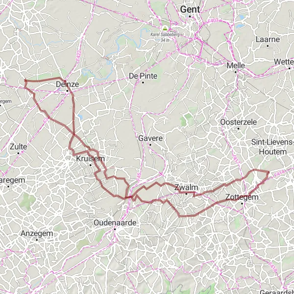 Map miniature of "Gravel Adventure through Flanders" cycling inspiration in Prov. Oost-Vlaanderen, Belgium. Generated by Tarmacs.app cycling route planner