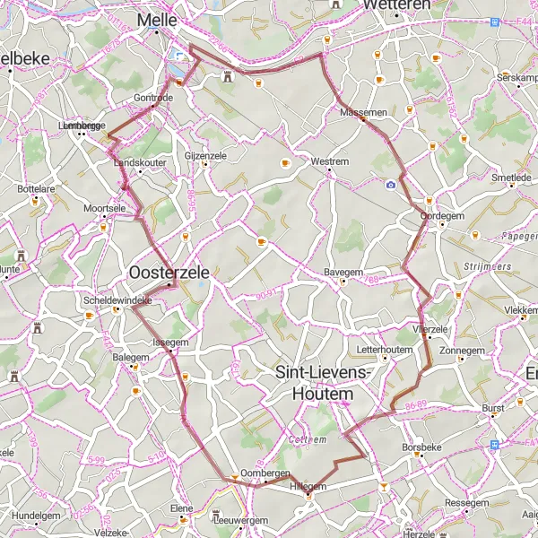 Map miniature of "Explore the Gravel Roads of Hillegem" cycling inspiration in Prov. Oost-Vlaanderen, Belgium. Generated by Tarmacs.app cycling route planner