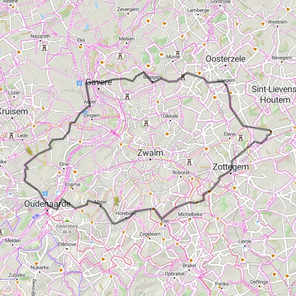 Karten-Miniaturansicht der Radinspiration "Straßentour durch Oost-Vlaanderen" in Prov. Oost-Vlaanderen, Belgium. Erstellt vom Tarmacs.app-Routenplaner für Radtouren