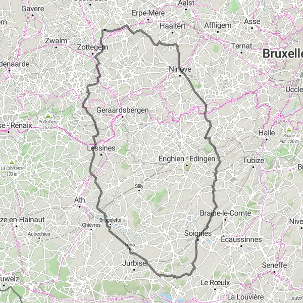 Map miniature of "Hildegem Loop - Denderhoutem, Rognon, Thieusies" cycling inspiration in Prov. Oost-Vlaanderen, Belgium. Generated by Tarmacs.app cycling route planner